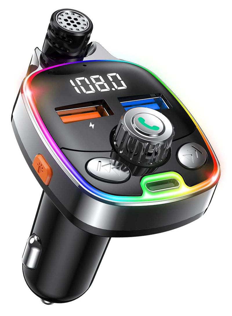 Bluetooth 5.0 FM Transmitter for Car, 7 Colors LED Backlit Car Radio Bluetooth Adapter,Type-C PD 18W  Dual-Port QC3.0 Fast USB Charger,Supports USB Flash Drive, TF Card - Image 1