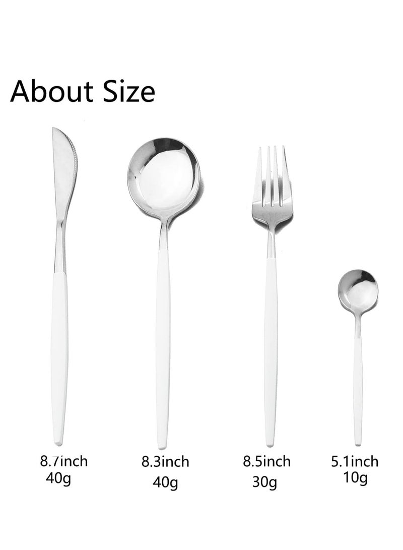 MahMir® 24Piece Stainless Steel Flatware Set Service For 6 Mirror Polished white Handle Tableware Cutlery Set Knife Fork And Spoon For Home & Restaurant, Dishwasher Safe Silver White
