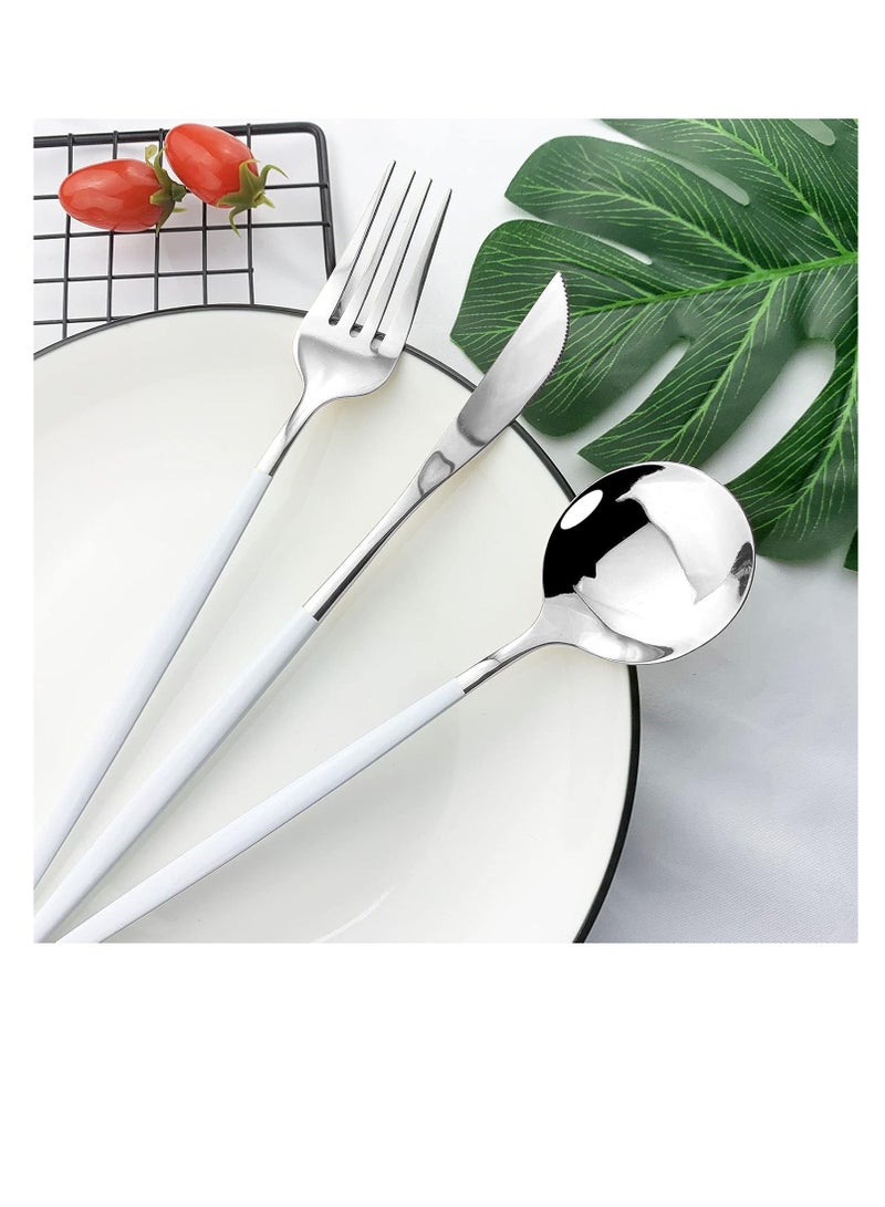 MahMir® 24Piece Stainless Steel Flatware Set Service For 6 Mirror Polished white Handle Tableware Cutlery Set Knife Fork And Spoon For Home & Restaurant, Dishwasher Safe Silver White