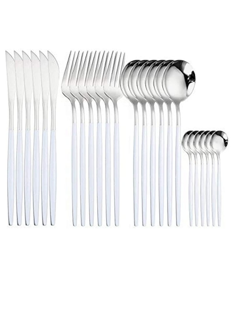 MahMir® 24Piece Stainless Steel Flatware Set Service For 6 Mirror Polished white Handle Tableware Cutlery Set Knife Fork And Spoon For Home & Restaurant, Dishwasher Safe Silver White