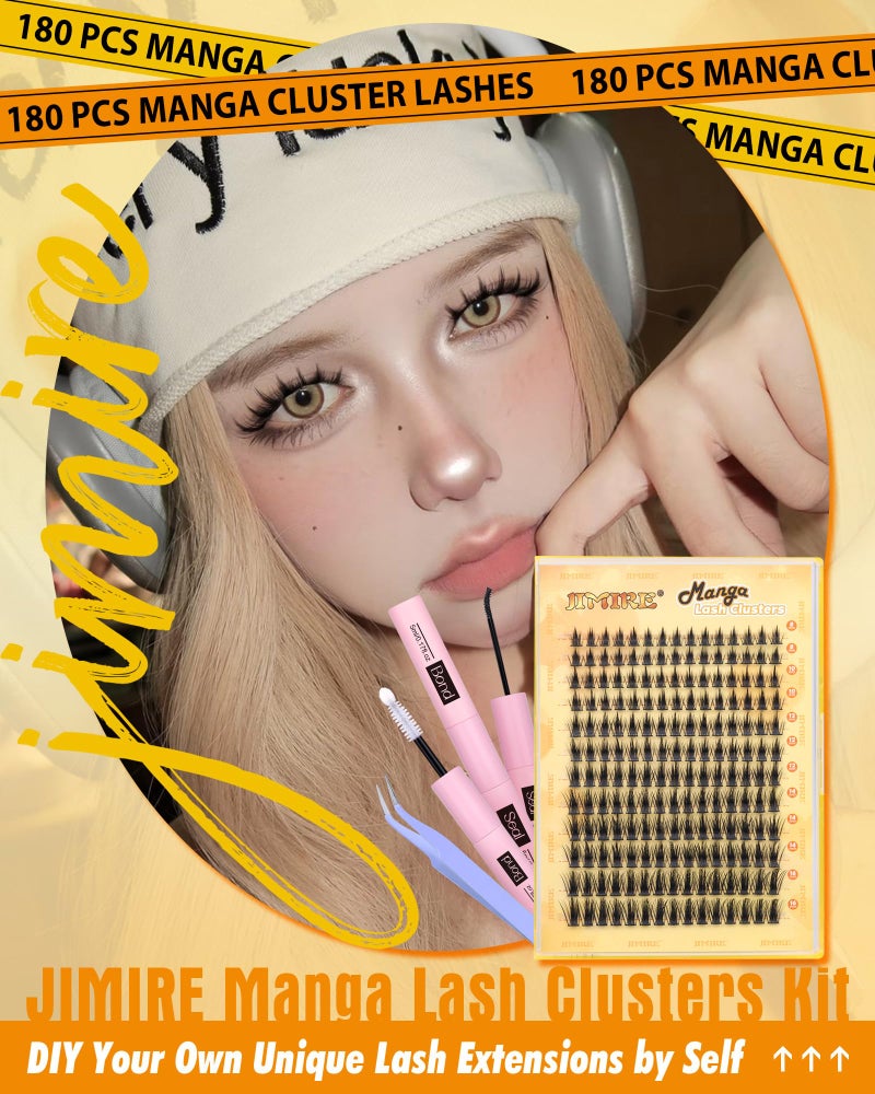 JIMIRE Natural Lash Clusters Kit Lash Extension Kit with Lash Bond and Seal 180Pcs Anime Eyelash Clusters D-Curly Wispy Manga Lash Clusters 8-16MM Cluster Eyelash Extensions Kit Individual Lashes Pack - Image 2