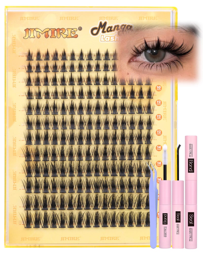 JIMIRE Natural Lash Clusters Kit Lash Extension Kit with Lash Bond and Seal 180Pcs Anime Eyelash Clusters D-Curly Wispy Manga Lash Clusters 8-16MM Cluster Eyelash Extensions Kit Individual Lashes Pack - Image 1