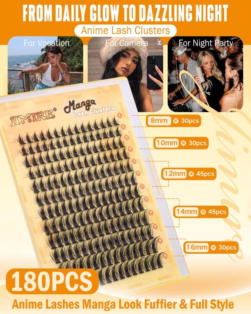JIMIRE Natural Lash Clusters Kit Lash Extension Kit with Lash Bond and Seal 180Pcs Anime Eyelash Clusters D-Curly Wispy Manga Lash Clusters 8-16MM Cluster Eyelash Extensions Kit Individual Lashes Pack - Image 4