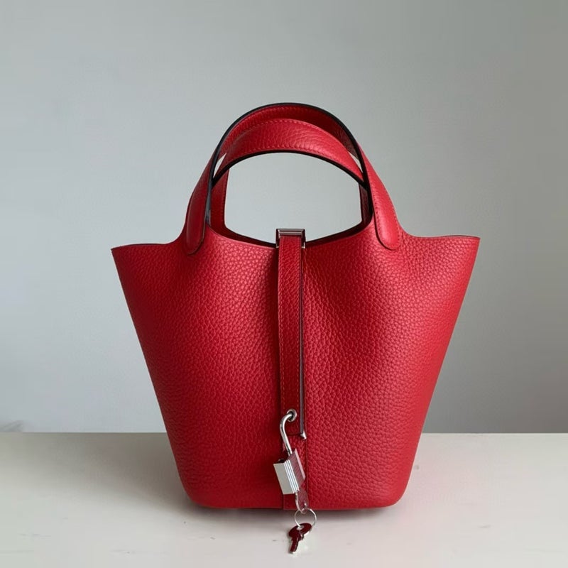 18cm Wax Line Hand Sewed TC Top Layer Cowhide Vegetable Basket Bag Bucket Bag Genuine Leather Womens Bag Handbag Flag red 