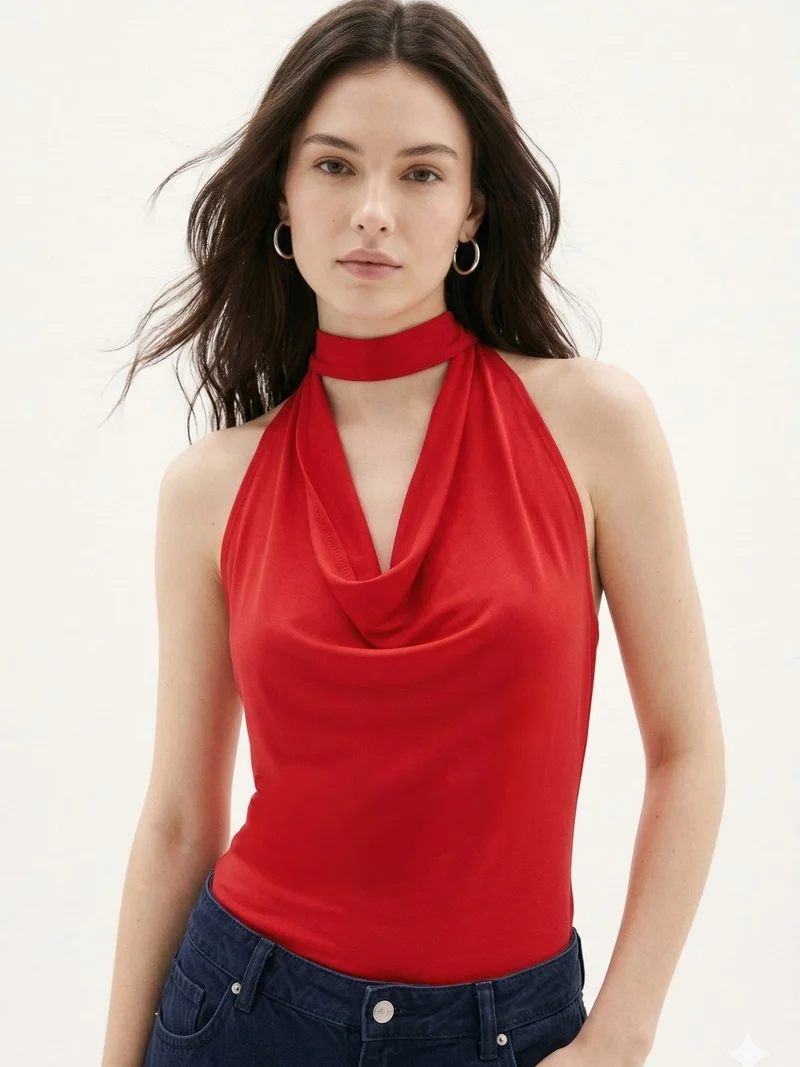 أوجيدر Red Cowl Neck Halter Top