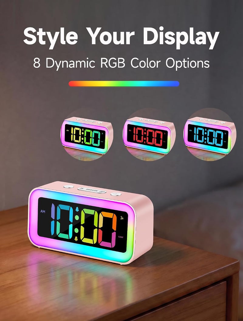 Cadmos منبه وردي لطيف وصاخب مع ضوء ليلي RGB - مثالي لديكور غرفة الفتيات وهدايا كاواي، حجم صغير لطاولة السرير أو مصباح مكتبي في غرف النوم، مثالي للأطفال والمراهقين (وردي فاتح) - Image 3