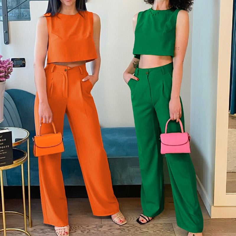 2023 Summer Solid Sleeveless Top  Pants Set Women Green  - Image 5