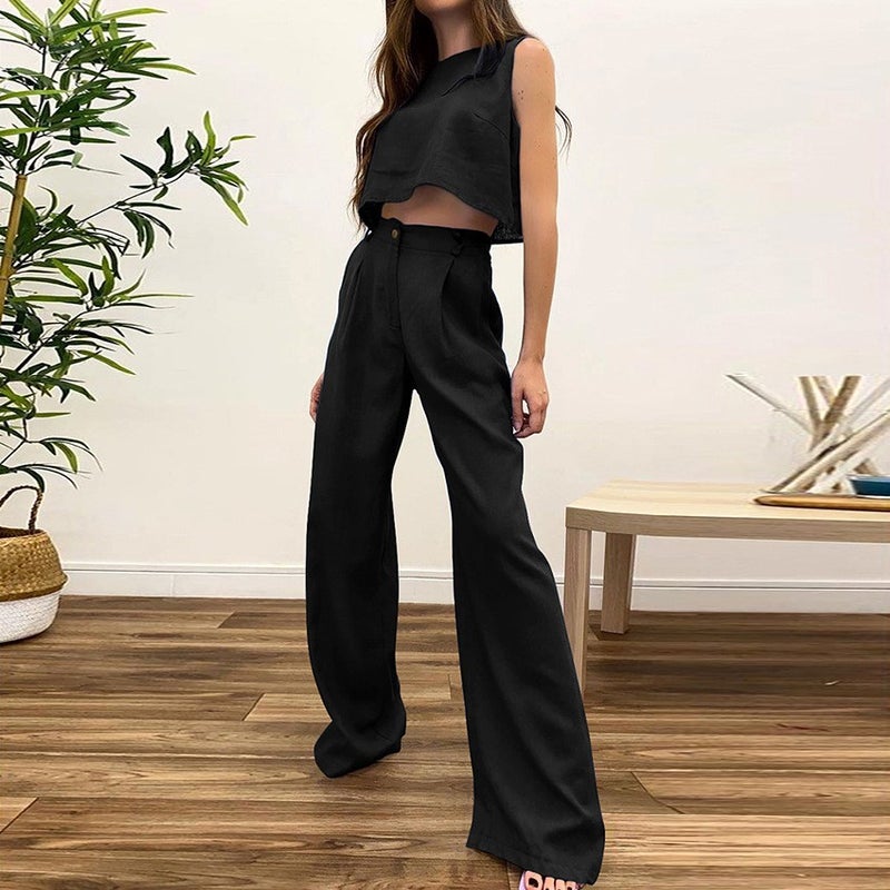 2023 Summer Solid Sleeveless Top  Pants Set Women Green  - Image 4