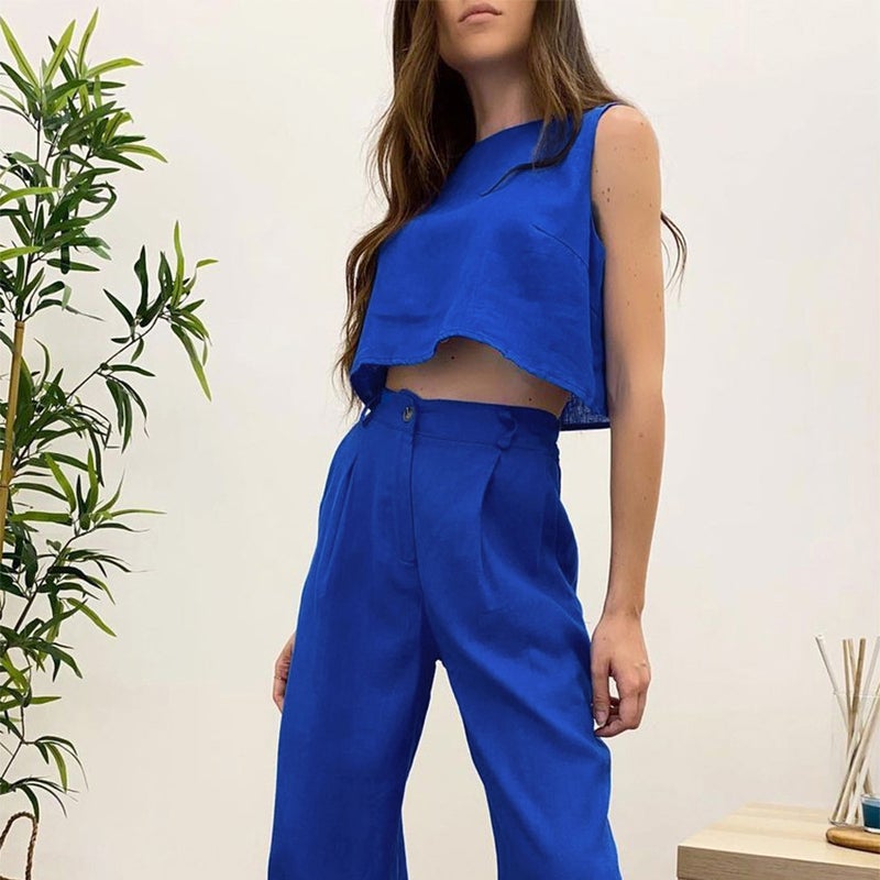 2023 Summer Solid Sleeveless Top  Pants Set Women Green  - Image 2