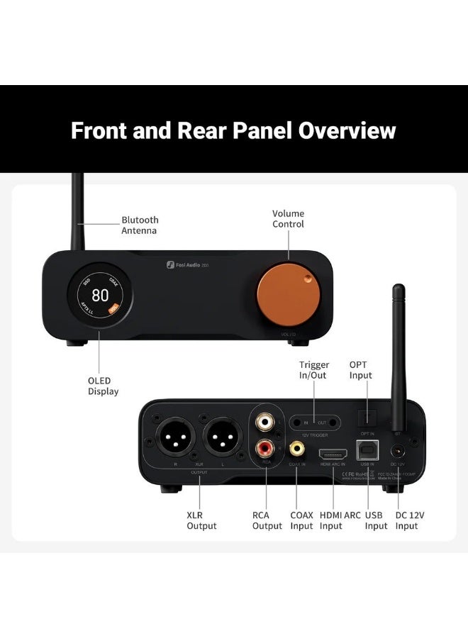 Fosi Audio ZD3 Bluetooth USB Desktop DAC ARC Input, ES9039Q2M Fully Balanced Digital Decoder for Stereo Amplifier with Remote, 12V Power Supply - Image 3