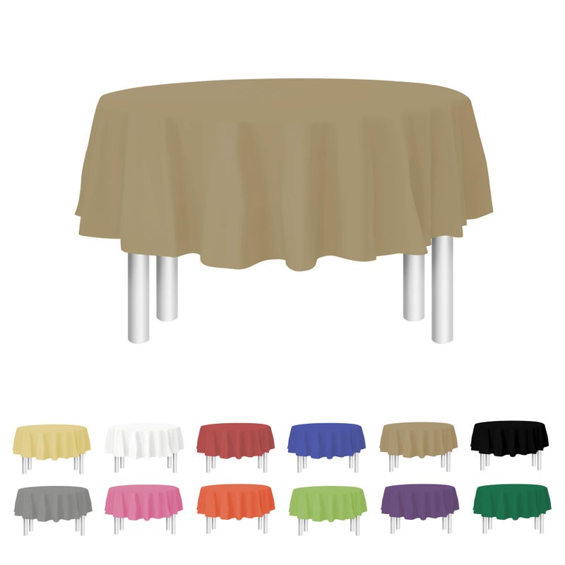 Party Dimensions Gold Disposable Plastic Tablecloth for Round Tables (12 Pack) 84 inches Table Cloths for Parties  Events & Weddings  Indoors & Outdoors  Plastic Table Cover - Image 1