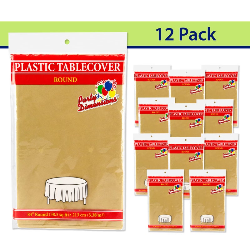 Party Dimensions Gold Disposable Plastic Tablecloth for Round Tables (12 Pack) 84 inches Table Cloths for Parties  Events & Weddings  Indoors & Outdoors  Plastic Table Cover - Image 3