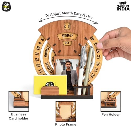 Gift Kya De 2026 Lifetime Desk Calendar with Desk Organizer & Photo Frame | Reusable Wooden Perpetual Calendar for Office & Home Decor | Eco-Friendly Tabletop Calendar | New Year Gift (Dark Wood Eco Friendly) - Image 3