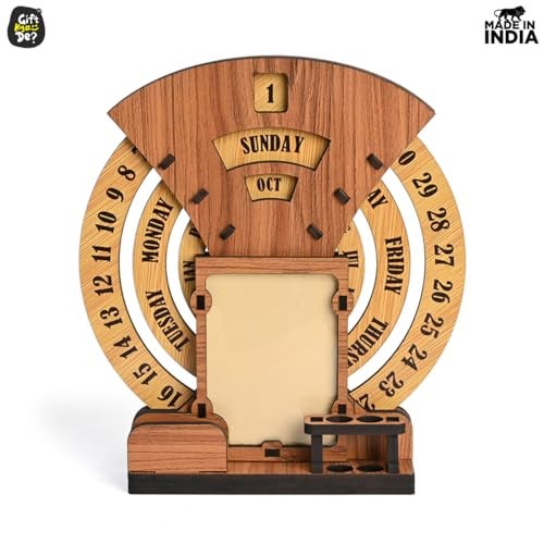 Gift Kya De 2026 Lifetime Desk Calendar with Desk Organizer & Photo Frame | Reusable Wooden Perpetual Calendar for Office & Home Decor | Eco-Friendly Tabletop Calendar | New Year Gift (Dark Wood Eco Friendly) - Image 2