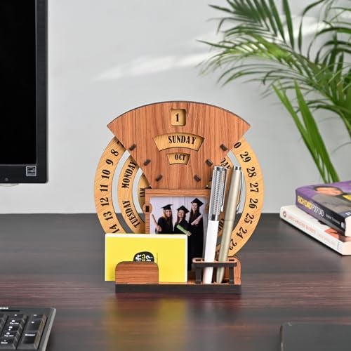 Gift Kya De 2026 Lifetime Desk Calendar with Desk Organizer & Photo Frame | Reusable Wooden Perpetual Calendar for Office & Home Decor | Eco-Friendly Tabletop Calendar | New Year Gift (Dark Wood Eco Friendly) - Image 1