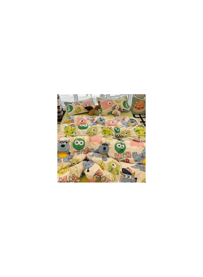 General Cartoon ins style super cute soft bamboo panda washed cotton sheet quilt cover four-piece set student bed three-piece set,Monster University lk, 1.5 four-piece set (vet cover 150x200)  - Image 2