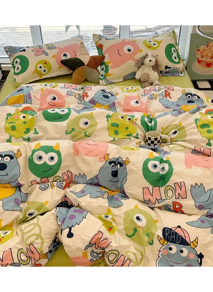 General Cartoon ins style super cute soft bamboo panda washed cotton sheet quilt cover four-piece set student bed three-piece set,Monster University lk, 1.5 four-piece set (vet cover 150x200)  - Image 1