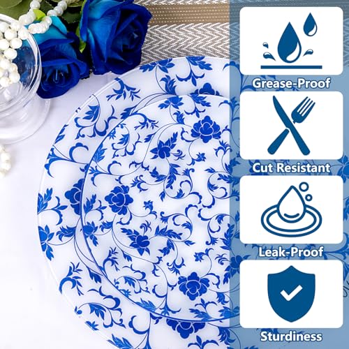 Joyido 60 PCS Blue Plastic Plates - Blue Floral Plates - Disposable Decorative Plate Sets Include 30 Dinner & 30 Dessert Plate for Wedding Birthday Party Spring Supplies - Image 3