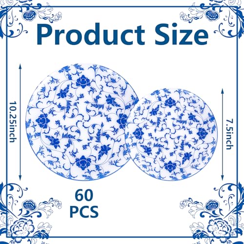 Joyido 60 PCS Blue Plastic Plates - Blue Floral Plates - Disposable Decorative Plate Sets Include 30 Dinner & 30 Dessert Plate for Wedding Birthday Party Spring Supplies - Image 2