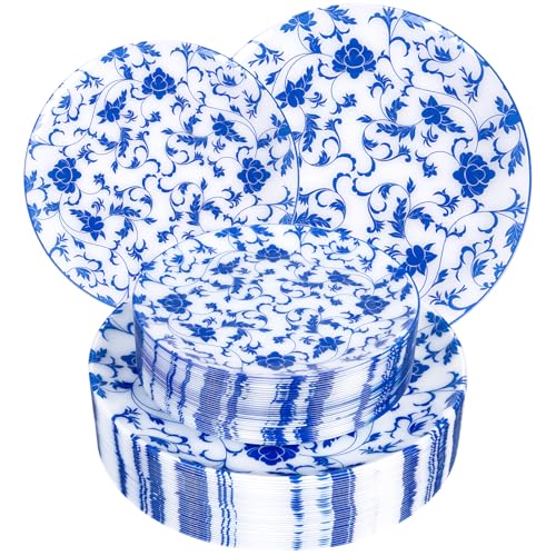 Joyido 60 PCS Blue Plastic Plates - Blue Floral Plates - Disposable Decorative Plate Sets Include 30 Dinner & 30 Dessert Plate for Wedding Birthday Party Spring Supplies - Image 1