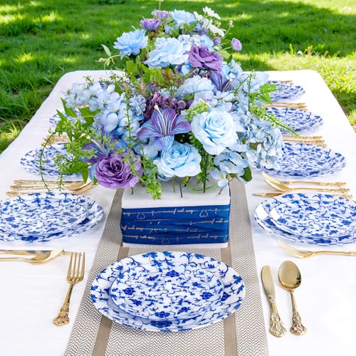 Joyido 60 PCS Blue Plastic Plates - Blue Floral Plates - Disposable Decorative Plate Sets Include 30 Dinner & 30 Dessert Plate for Wedding Birthday Party Spring Supplies - Image 5