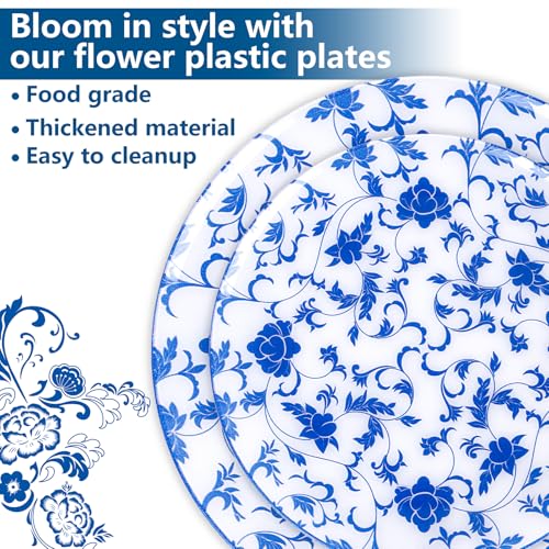 Joyido 60 PCS Blue Plastic Plates - Blue Floral Plates - Disposable Decorative Plate Sets Include 30 Dinner & 30 Dessert Plate for Wedding Birthday Party Spring Supplies - Image 4