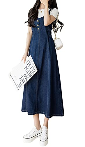CHARTOU Women's Elegant Straps Back Smocked A-Line Long Skirt Denim Overall Pinafore Dress (Medium, Blue) - Image 1