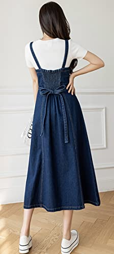 CHARTOU Women's Elegant Straps Back Smocked A-Line Long Skirt Denim Overall Pinafore Dress (Medium, Blue) - Image 2