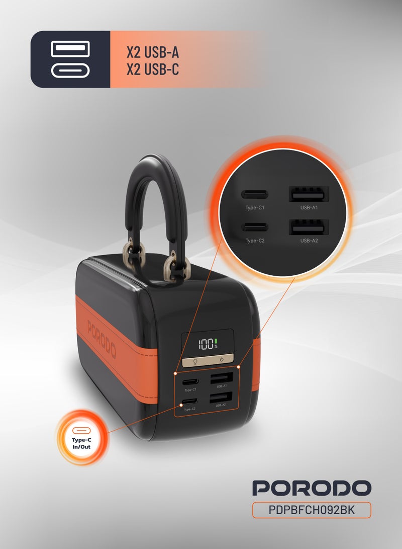 porodo Sway 60000 mAh Power Bank Built-In LED Lighting with Dual PD 100W USB-C Ports & Dual QC 22.5 USB-A Ports / Stylish Grip Handheld / Massive Power Capacity - Black - Image 3