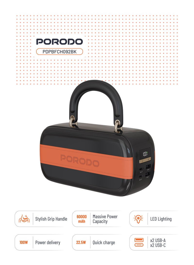 porodo Sway 60000 mAh Power Bank Built-In LED Lighting with Dual PD 100W USB-C Ports & Dual QC 22.5 USB-A Ports / Stylish Grip Handheld / Massive Power Capacity - Black - Image 2