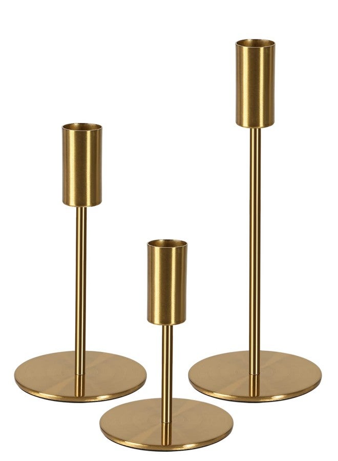 SUJUN Brass Taper Candle Holders - Set of 3 Antique Brass Finish Candlestick Holder, Modern Rustic Metal Candlestick Holder for Wedding, Dining Table, Party Centerpiece - Image 1