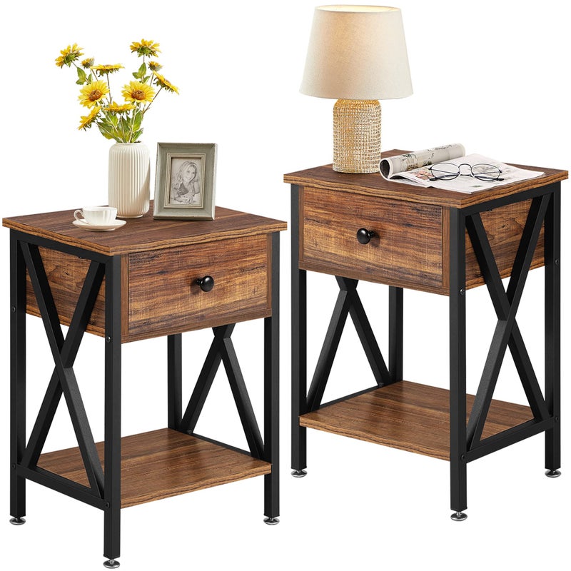VECELO Nightstands Set of 2 Modern Bedside End Tables Night Stands with Drawer and Storage Shelf for Living Room Bedroom Industrial Metal Frame