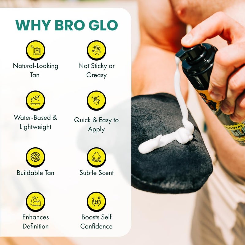 Bro Glo Self Tanner for The Boys - Quick Application Foam Mousse Easy Sunless Tan For Face and Body Oil Free Water Based Faster Skin Drying Natural Sun Kissed Bronze Color Perfect Men - 6.76 FL oz - Image 3