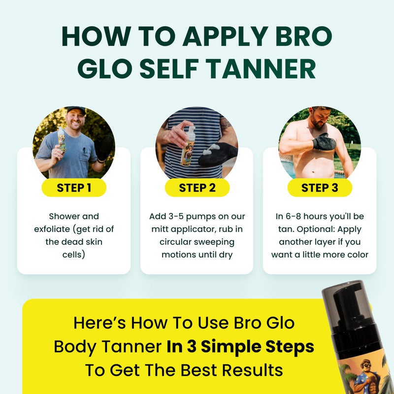 Bro Glo Self Tanner for The Boys - Quick Application Foam Mousse Easy Sunless Tan For Face and Body Oil Free Water Based Faster Skin Drying Natural Sun Kissed Bronze Color Perfect Men - 6.76 FL oz - Image 5