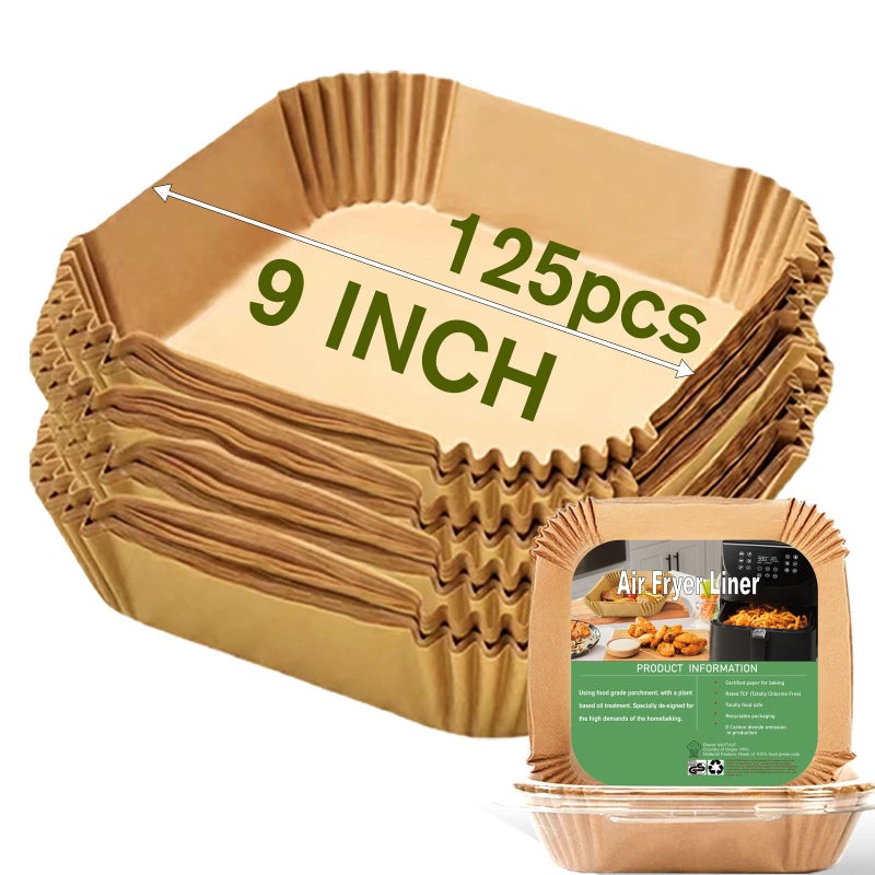mutvle Large Air Fryer Disposable Paper Liners Square 9 Inch, 125 Pcs Parchment paper liner for 5-8QT Air fryer, Oil-proof, Water-proof, Parchment Baking Paper for Baking Roasting Microwave - Image 1