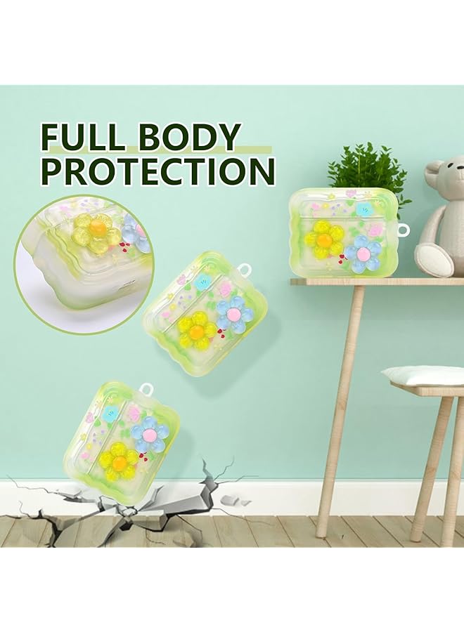 erorex Cute Cases For Airpods Pro Curly Wave Frame Shape Flowers Cover With Heart Bead Pendant And Three Dimensional Flowers Girly Liquid Glitter Sparkle Design Case For Airpods Pro Green  - Image 5