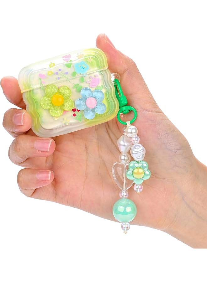 erorex Cute Cases For Airpods Pro Curly Wave Frame Shape Flowers Cover With Heart Bead Pendant And Three Dimensional Flowers Girly Liquid Glitter Sparkle Design Case For Airpods Pro Green  - Image 2