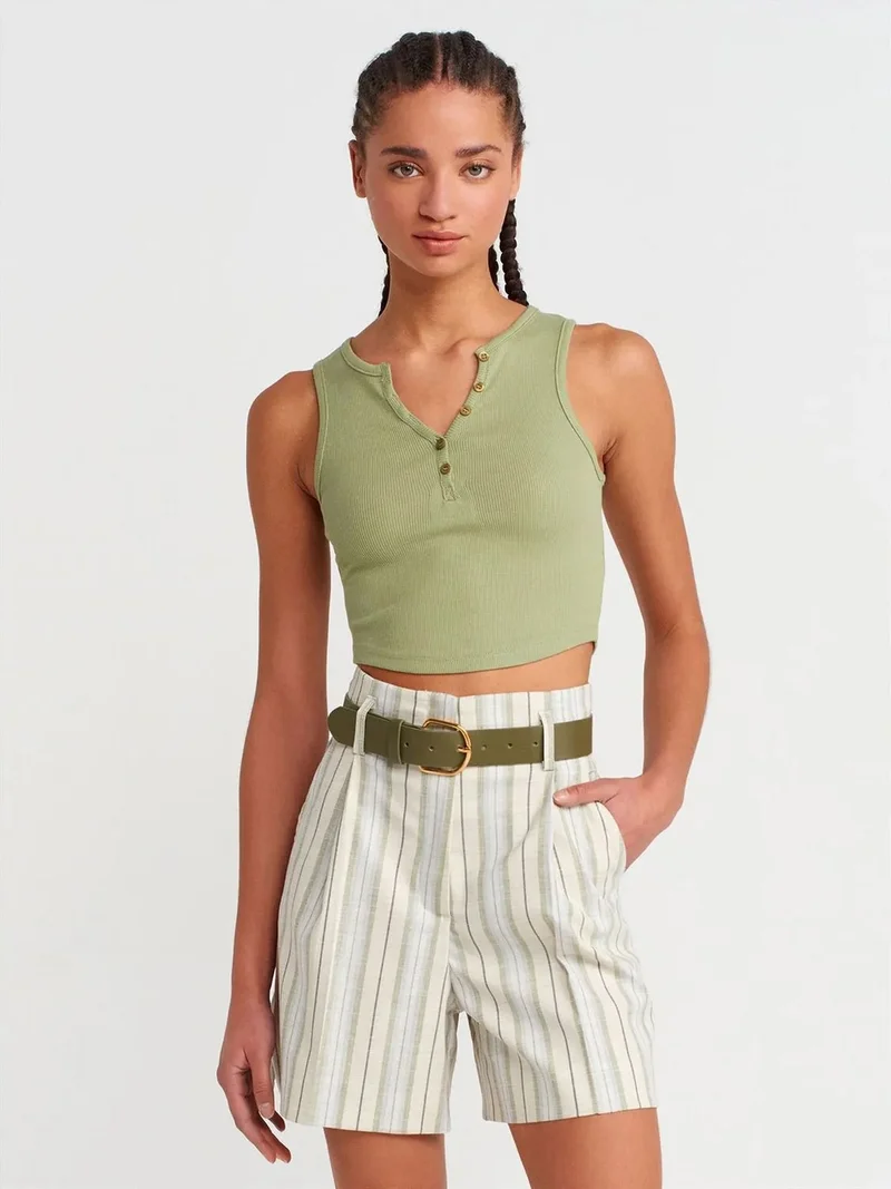 Dilvin Dilvin Women's Ribbed Crop Blouse With Buttons