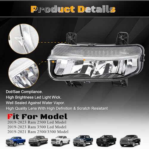 FICOLPOLed Fog Lights Assembly for 2019 2020 2021 2022 2023 2024 Dodge Ram 2500 3500 Pickup - Bumper Driving Fog Lamps OEM Replacement with Bracket, Bezels, Switch, Harness (White) - Image 4