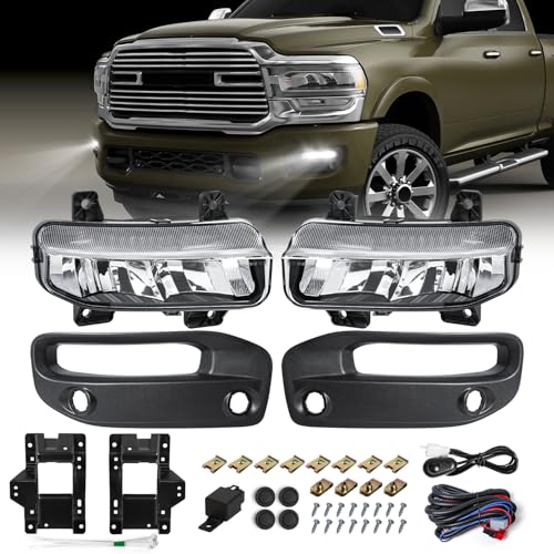 FICOLPOLed Fog Lights Assembly for 2019 2020 2021 2022 2023 2024 Dodge Ram 2500 3500 Pickup - Bumper Driving Fog Lamps OEM Replacement with Bracket, Bezels, Switch, Harness (White) - Image 1
