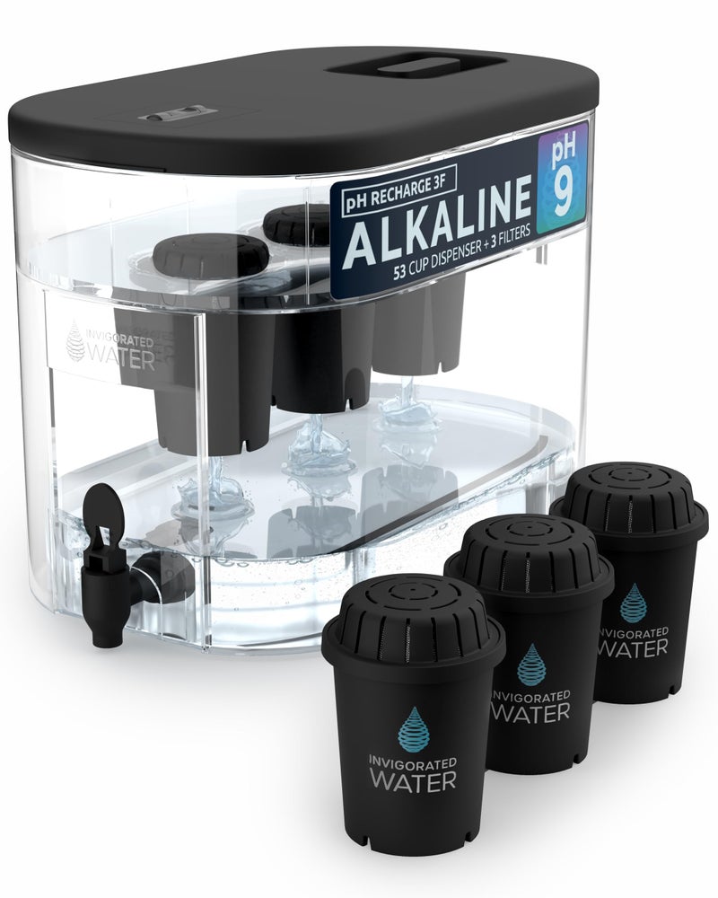 Invigorated Water - Alkaline Countertop Water Filter Dispenser, Large 52-Cup Capacity, Mineralized Alkaline Water, BPA-Free, 96 Gallons/Filter (Black, 3 Filters Included) - Image 1