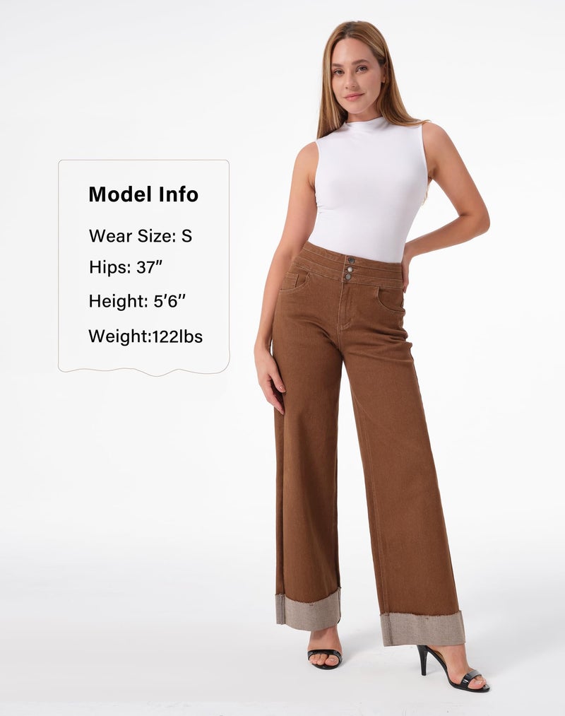 roswear Women's High Waisted Stretchy Wide Leg Jeans Cuffed Baggy Jeans Loose Denim Pants Saddle Brown X-Large - Image 4