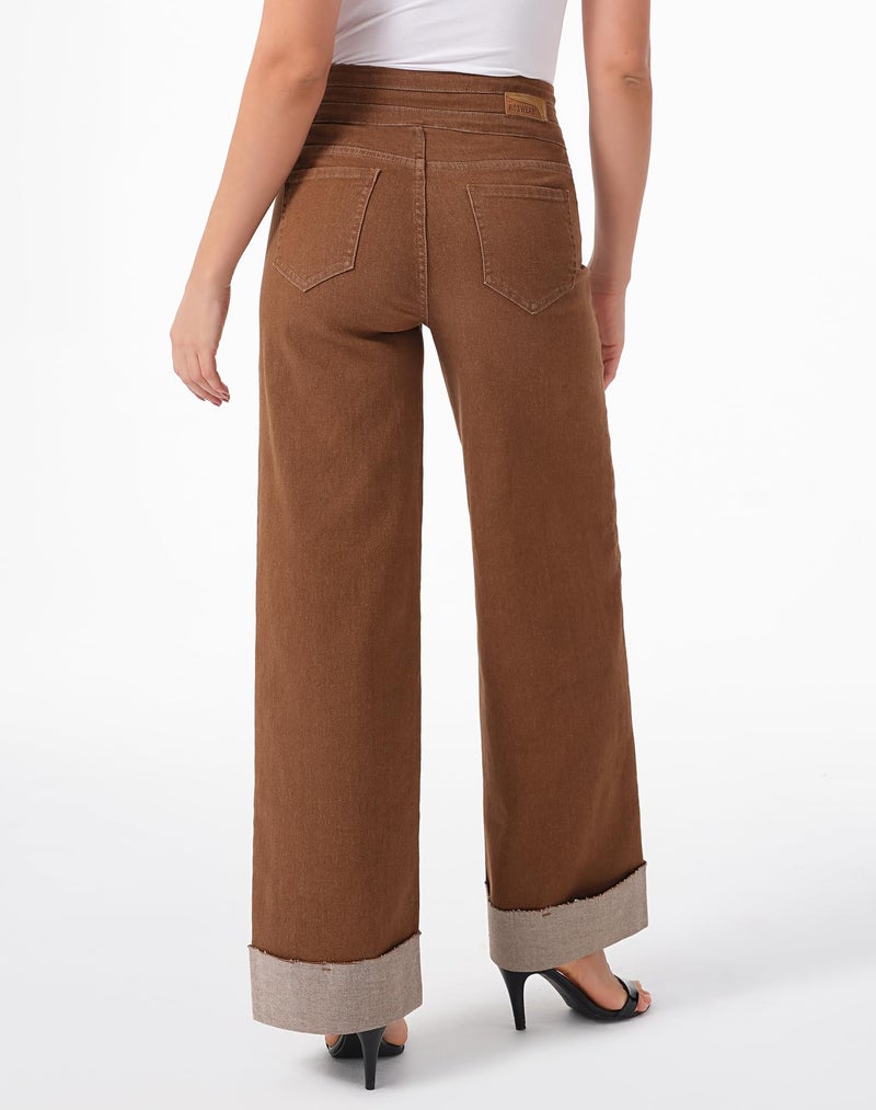 roswear Women's High Waisted Stretchy Wide Leg Jeans Cuffed Baggy Jeans Loose Denim Pants Saddle Brown X-Large - Image 3