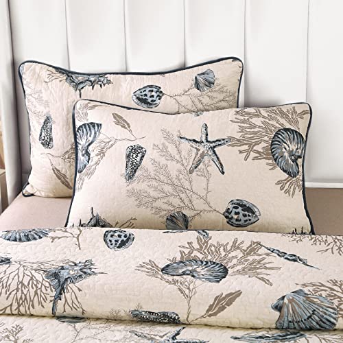 Comforbed Coastal Quilts Queen Size, 3-Piece Starfish Shell Pattern Queen Beach Themed Bed Spreads, Soft Cotton Coastal Quilt Set with Pillowcases, All Seasons Quilt Bedding Set, 90x98 Inch - Image 4