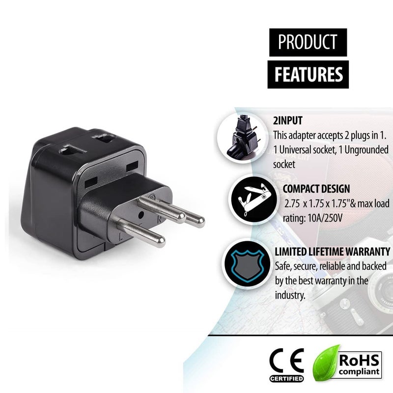 OREI OREI India to Switzerland Rwanda Liechtenstein Type J Travel Adapter Plug 2 in 1 CE Certified RoHS Compliant 2 Pack Black Color P2111A2PK  - Image 4