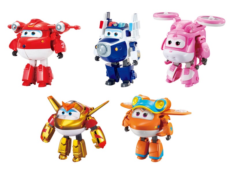 Super Wings 5 Transforming Toys 5Pack Supercharged Jett Supercharged Paul Supercharged Dizzy Golden Boy  Sunny Airplane Toys Action Figures Preschool Toy Plane for 3 4 5 Year Old Kids - Image 1