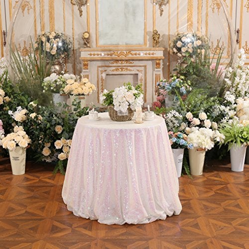 PartyDelight Sequin Tablecloth Round 70" Iridescent White Sparkle Rectangle Table Cloth for Wedding Birthday Party Sequin Overlay Table Decoration - Image 1