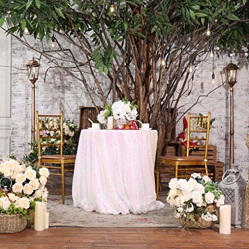 PartyDelight Sequin Tablecloth Round 70" Iridescent White Sparkle Rectangle Table Cloth for Wedding Birthday Party Sequin Overlay Table Decoration - Image 3