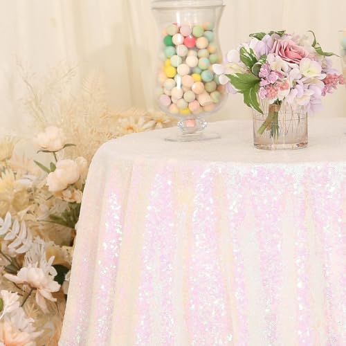 PartyDelight Sequin Tablecloth Round 70" Iridescent White Sparkle Rectangle Table Cloth for Wedding Birthday Party Sequin Overlay Table Decoration - Image 5