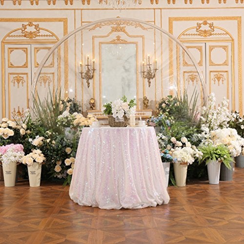 PartyDelight Sequin Tablecloth Round 70" Iridescent White Sparkle Rectangle Table Cloth for Wedding Birthday Party Sequin Overlay Table Decoration - Image 2
